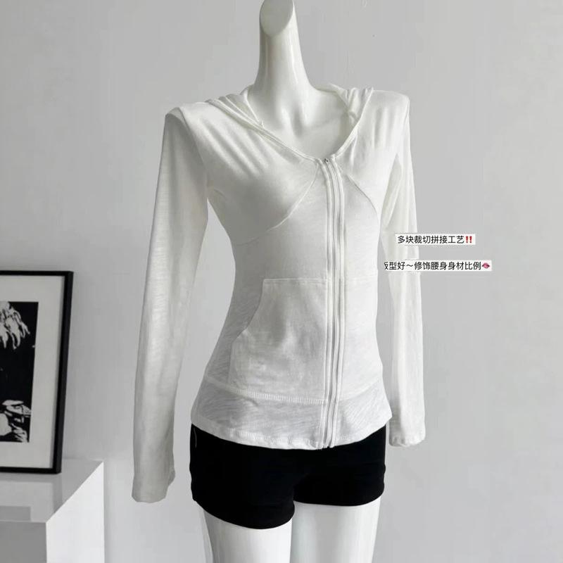 Jianmanni hooded zip-up sun protection long-sleeve t-shirt for women, slim-fit, waist-cinching cardigan sports top jacket for summer Jianmanni hooded zip-up sun protection long-sleeve t-shirt for women, slim-fit, waist-cinching cardigan sports top jacket for summer