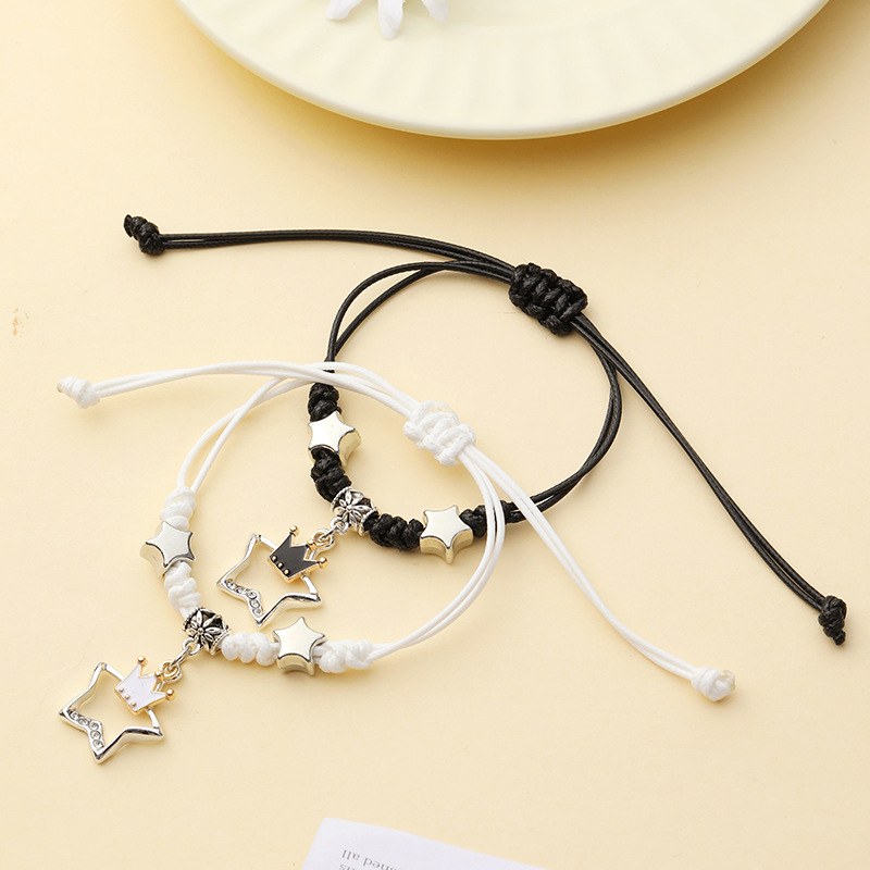 Pulsera pareja corazón hueco trenzada ajustable blanco negro_voghion.com