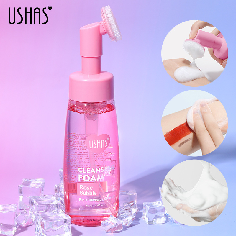 USHAS punto transfronterizo venta caliente rosa espuma limpiadora limpiador facial mousse limpieza profunda con cabezal de cepillo