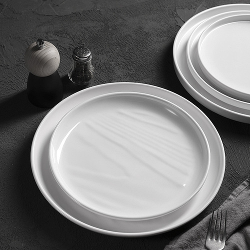 White melamine straight edge round plate dinner plate hotel restaurant commercial porcelain-like circular wave pattern steak plate pasta plate