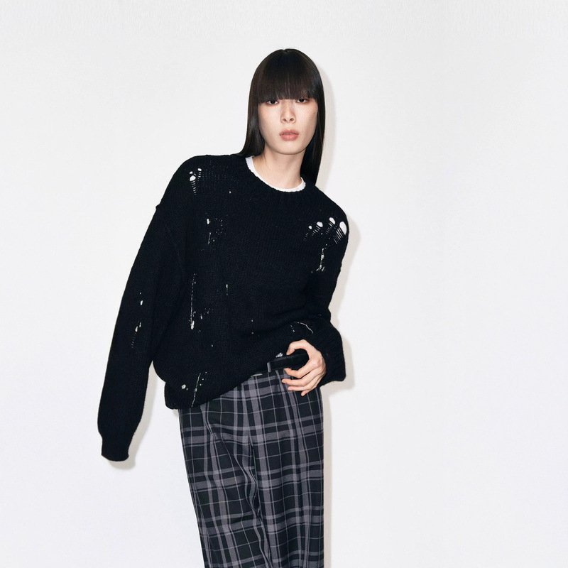 Sweater 2025 Winter New Cotton Sweater Ripped Splash Ink Printing Loose Rock Mbe4Swtt08