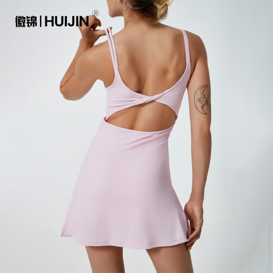 Cross-border Yoga Fitness conjoined Tennis Skirt with Chest Pad Beautiful Back Outdoor Thin Shoulder Strap Anti-running Light Sports dress