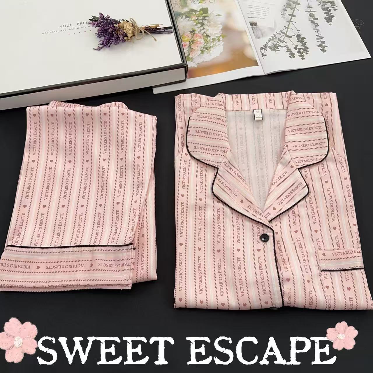 V Secret Fan Favorite, the Same Style as Oda, Hot-Selling High-End Women's Ice Silk Pajamas, Long-Sleeved Long Pants, Can Be Worn Outside, Silky Smooth Set
