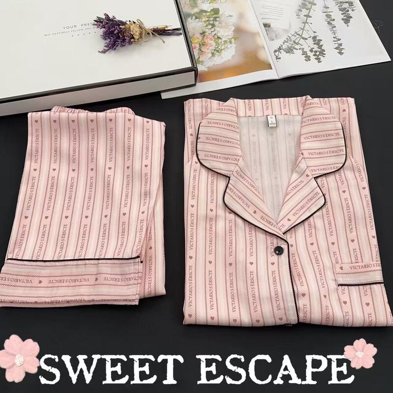 V Secret Fan Favorite, the Same Style as Oda, Hot-Selling High-End Women's Ice Silk Pajamas, Long-Sleeved Long Pants, Can Be Worn Outside, Silky Smooth Set