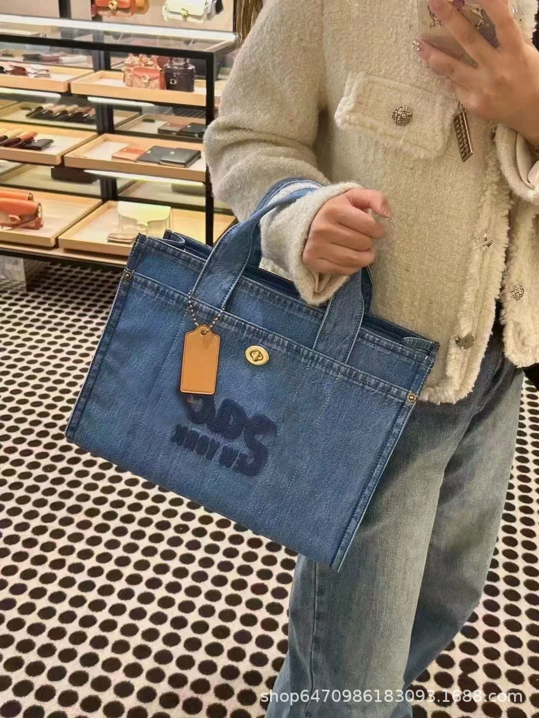 Fashionable denim handheld capacious shoulder bag, laptop