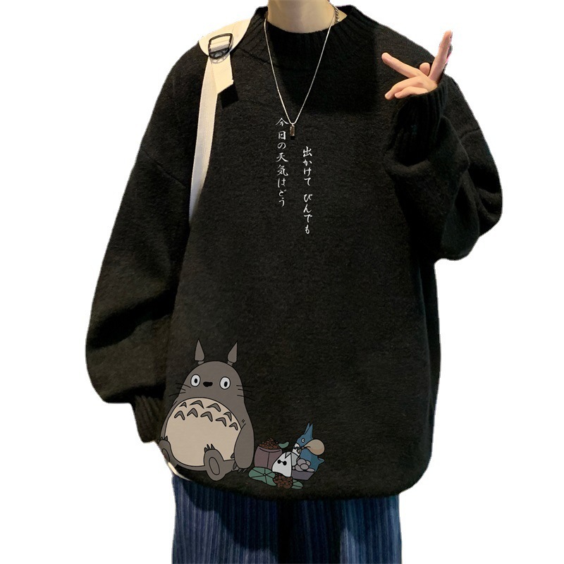 Otoño e invierno cuello redondo versátil dibujos animados impreso suéter hombres sueltos estilo universitario suéter gordo más tamaño suéter de moda