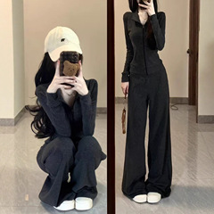 修身条纹外套女款秋季套装2025新款立领灰色拉链开衫高级韩系穿搭