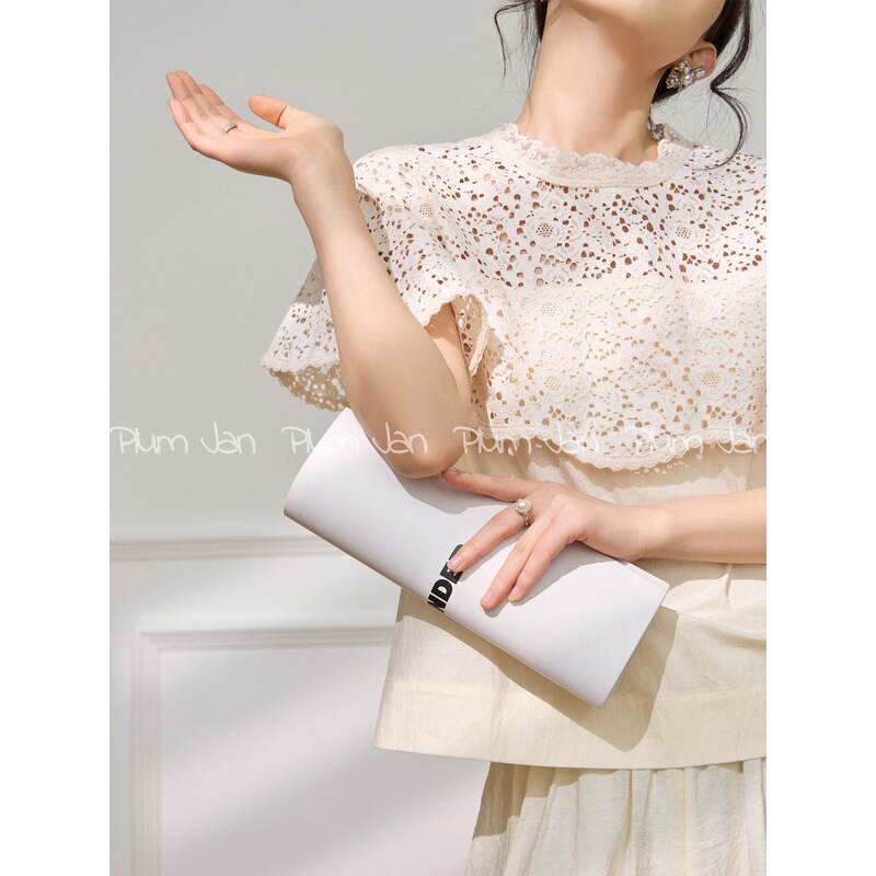Plum Jall/Apricot-Colored Round-Neck Lace Hollow-Out Patchwork Niche High-End Short-Sleeve T-Shirt Top for Early Summer 2026