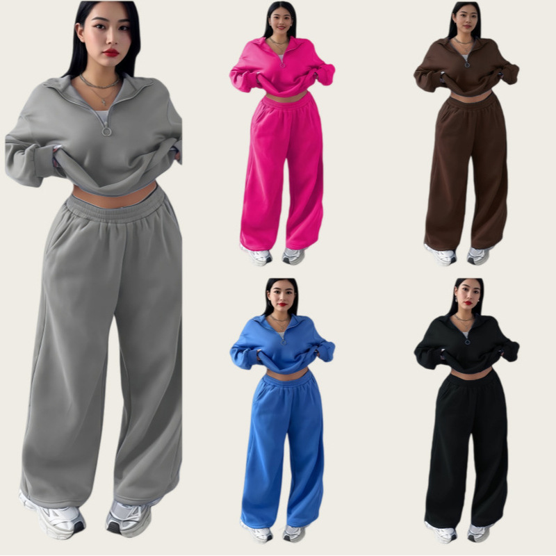 2026 European and American Cross-Border Casual Women's Fashion Half-Zip Pullover Sweatshirt and Long Pants Two-Piece Set Casual Autumn and Winter Style 2026 European and American Cross-Border Casual Women's Fashion Half-Zip Pullover Sweatshirt and Long Pants Two-Piece Set Casual Autumn and Winter Style