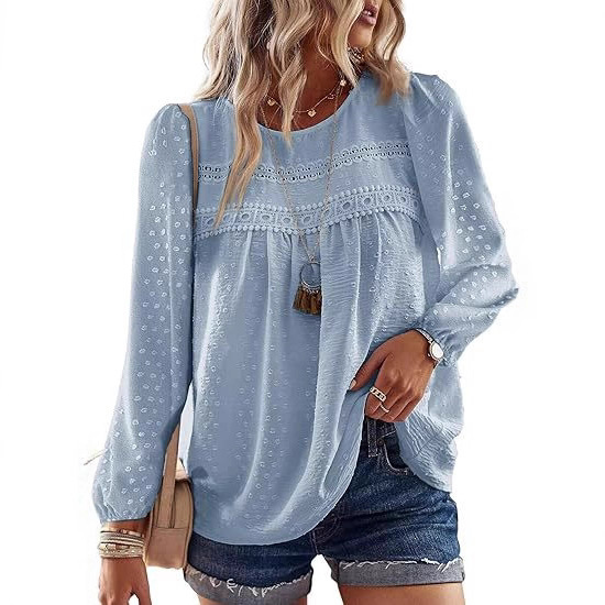 2025 Amazon Cross-Border European and American New Style Bohemian Simple Fashion Round Neck Chiffon Multi-Color Lace Top
