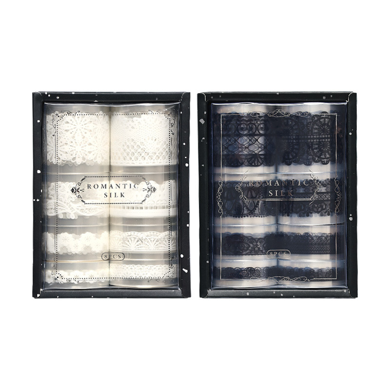 Conjunto de cinta adhesiva transparente de lenguaje de seda romántico, blanco y negro, dos colores, cinta de mano de encaje retro transfronteriza opcional