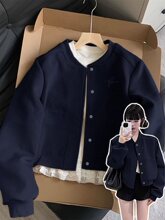 藏蓝色正肩夹克短外套女小香风棒球服2025新款早秋季流行韩系穿搭