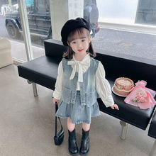 女童牛仔三件套春秋季2024新款韩版女宝宝洋气衬衫儿童时髦套装潮