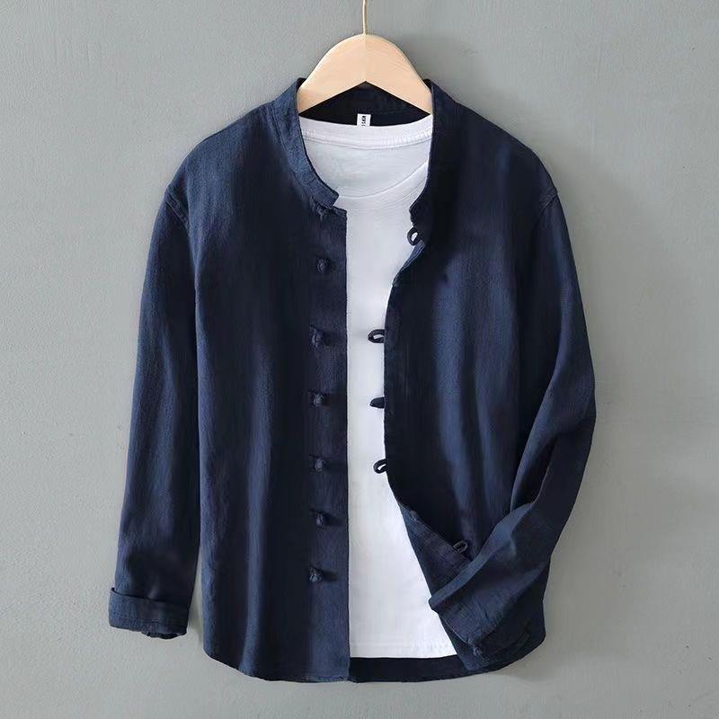 Camisa de manga larga casual de algodón y lino de gran tamaño con hebilla de disco de estilo chino para hombre Camisa de lino suelta con cuello alto de ramio de marea nacional retro para hombre
