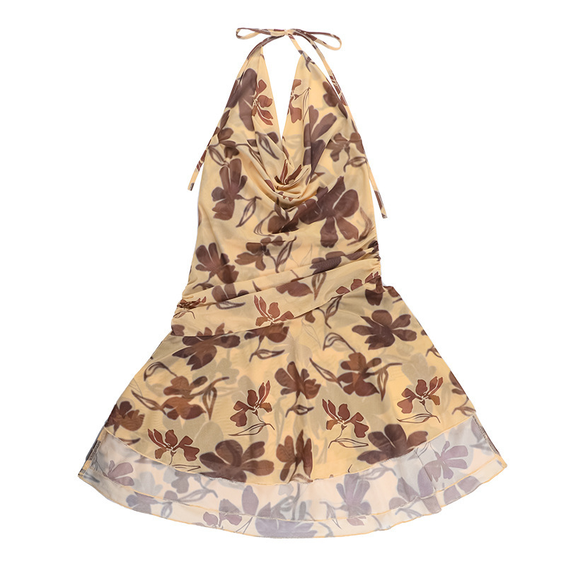 Sexy Pockets Collar Halter Backless Printed Dress Women Vacation Sexy Dress