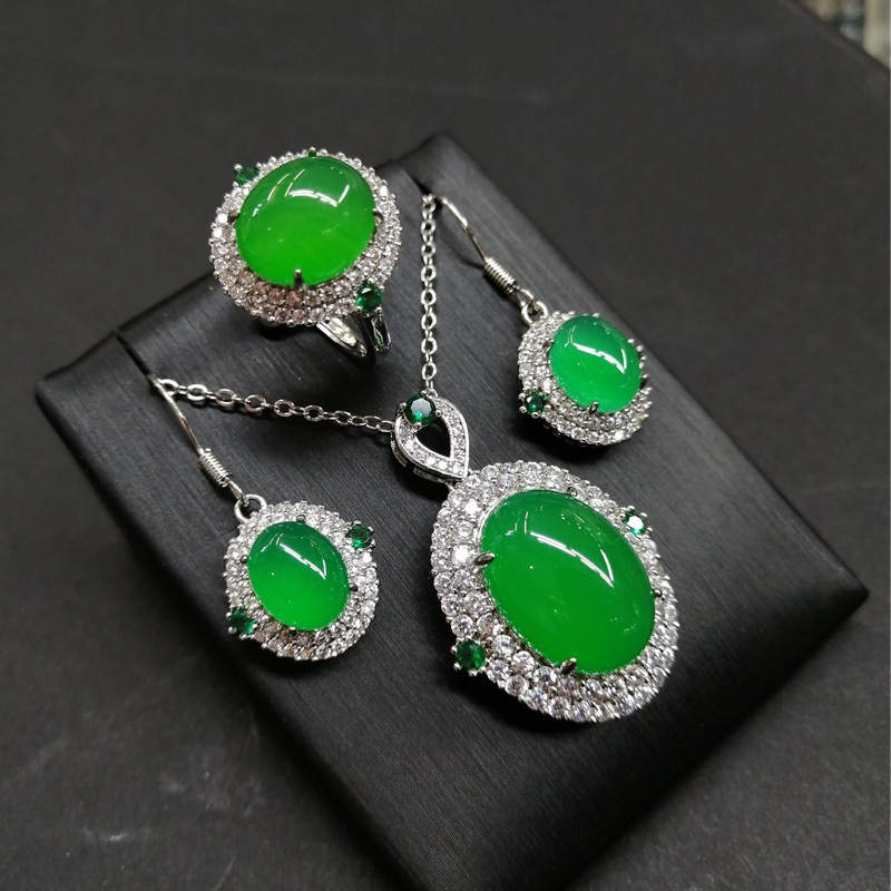 Chalcedony Inlaid Luxury Set Silver Plated Green Diamond Chalcedony Three-Piece Set Necklace Pendant Ring Earrings Live Broadcast Welfare