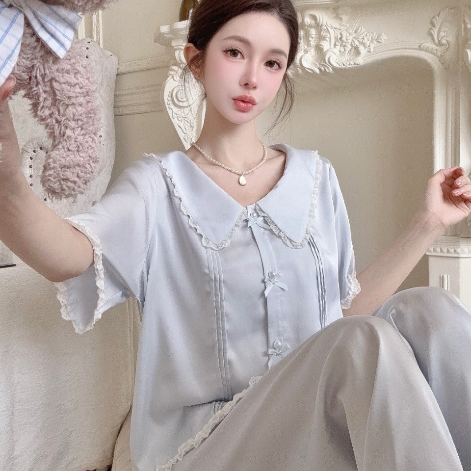 Short-Sleeved Pants Summer New Ice Silk Pajamas Sweet and Cute Home Clothes French Lapel Cardigan Thin Suit 25