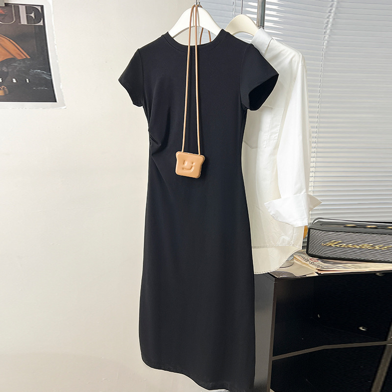 Black summer dress, elegant long skirt, 2024 new style, slit skirt, waist-cinching, pleated, slimming, bodycon skirt.