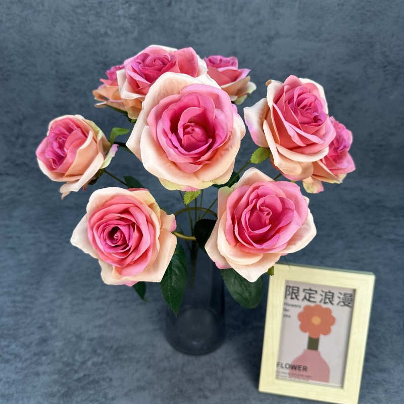 Simulación de 9 grandes ramos de rosas boda decoración del hogar decoración flor de seda transfronteriza hecha a mano adornos de flores falsas al por mayor