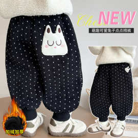 女小童波点加绒卫裤秋冬款女宝宝保暖灯笼裤冬装儿童休闲加厚长裤