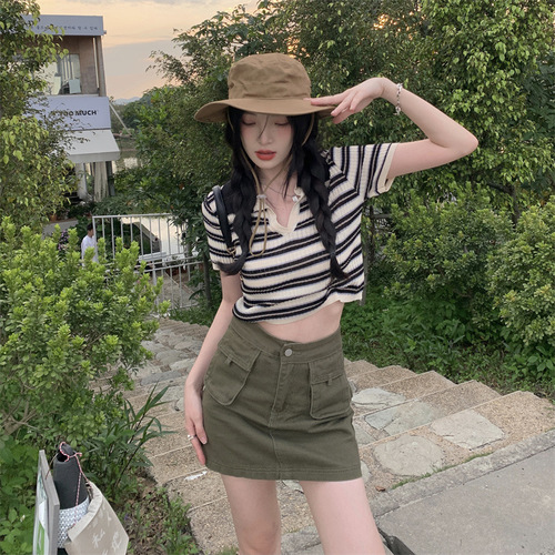 Retro polo neck striped short-sleeved sweater women's summer new style ins slim slimming and chic T-shirt top