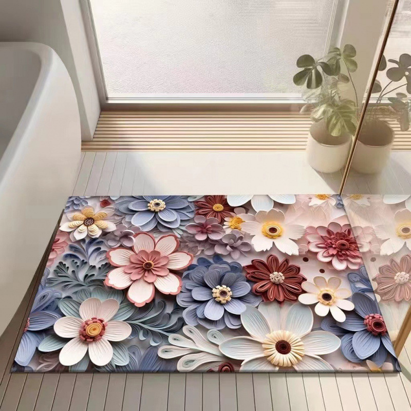 3D bloemenmotief met diatomeeënaarde, moderne, lichte, luxe badkamermat, waterabsorberend, sneldrogend, antislip en wasbaar._voghion.com