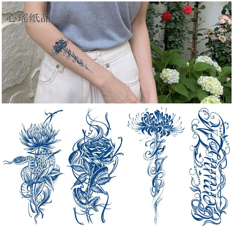 Plain flower snake other shore flower body English gradient herbal juice semi-permanent water transfer simulation tattoo tattoo sticker