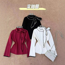 韩系复古长袖t恤女冬季穿搭撞色花边针织打底衫红色氛围感上衣潮