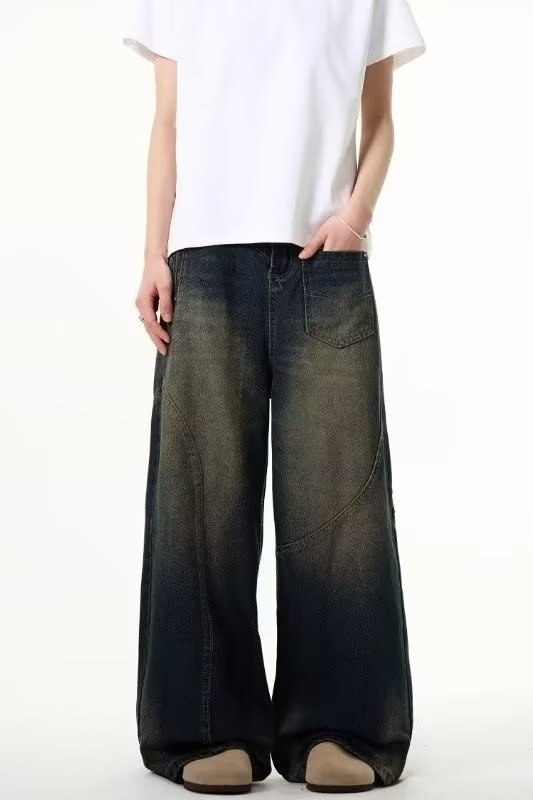 Men's Clothing retro distressed straight jeans for men spring and autumn new high waist loose slim drape high street wide leg pants_ipsvogv.com