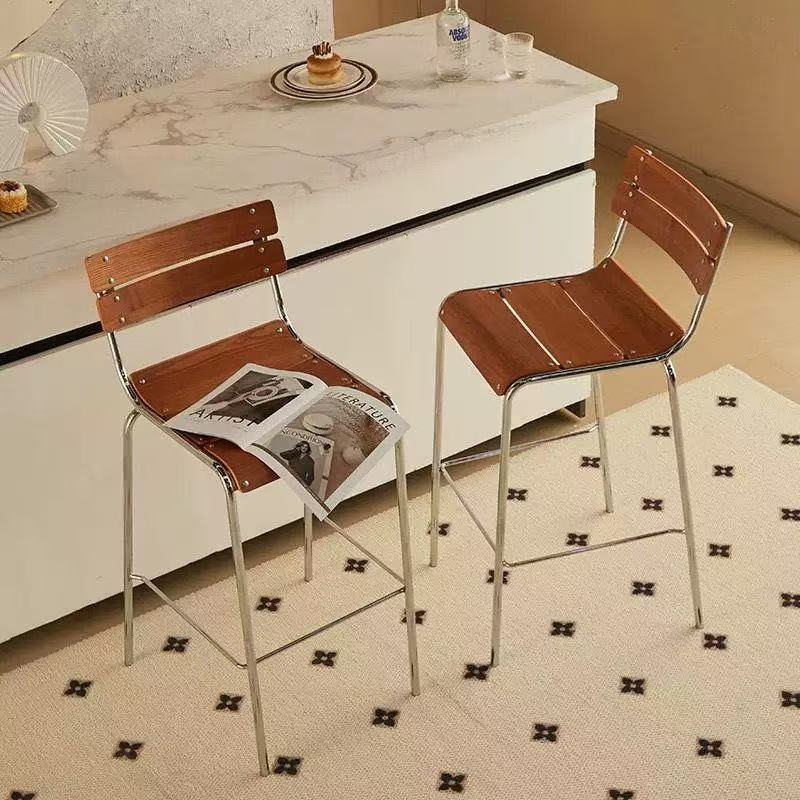 High Stool Bar Counter Solid Wood Seat with Backrest Stainless Steel American Retro Milk Tea Home Coffee Shop Chair