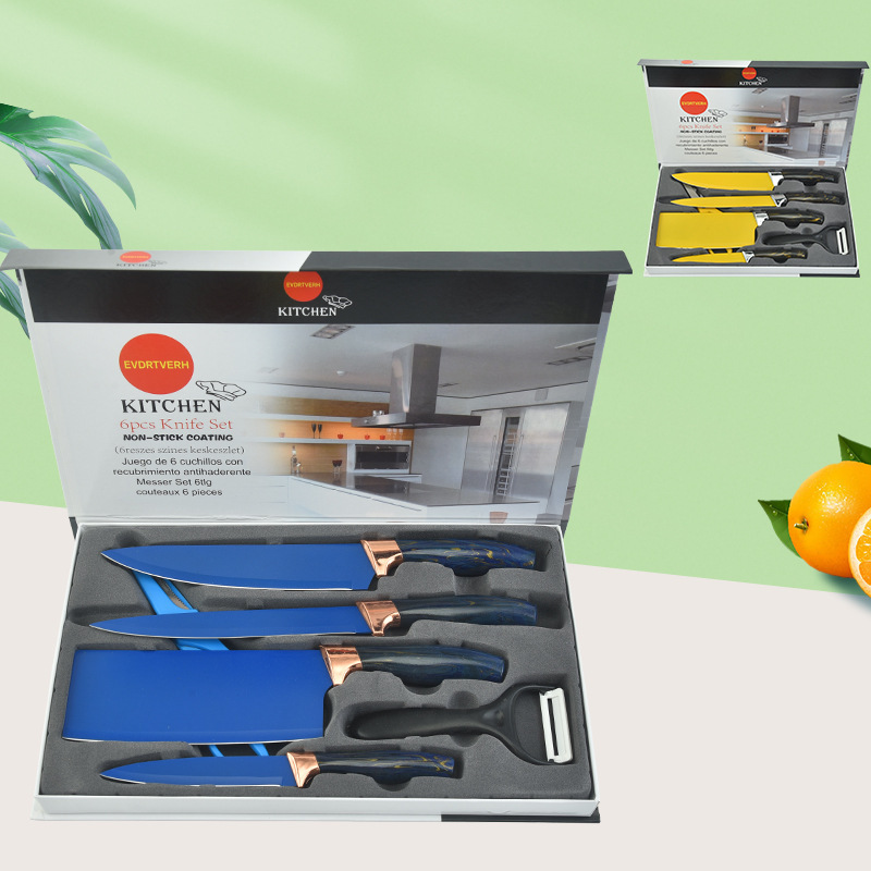 Lugar de fábrica al por mayor color dorado juego de cocina de seis piezas de acero inoxidable caja de regalo de color cuchillo de embalaje cuchillo de juego