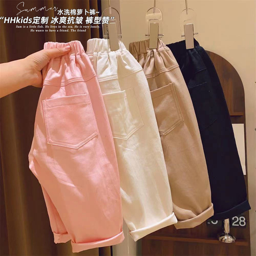 Girls Solid Color Loose Version Casual Versatile Cuffed Cuff Work Wear Wide Leg Pants Spring Clothes Small and Medium-sized Girls Simple Pants
