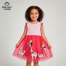跨境童装26年春夏儿童无袖网纱连衣裙卡通大象条纹圆领印花现货