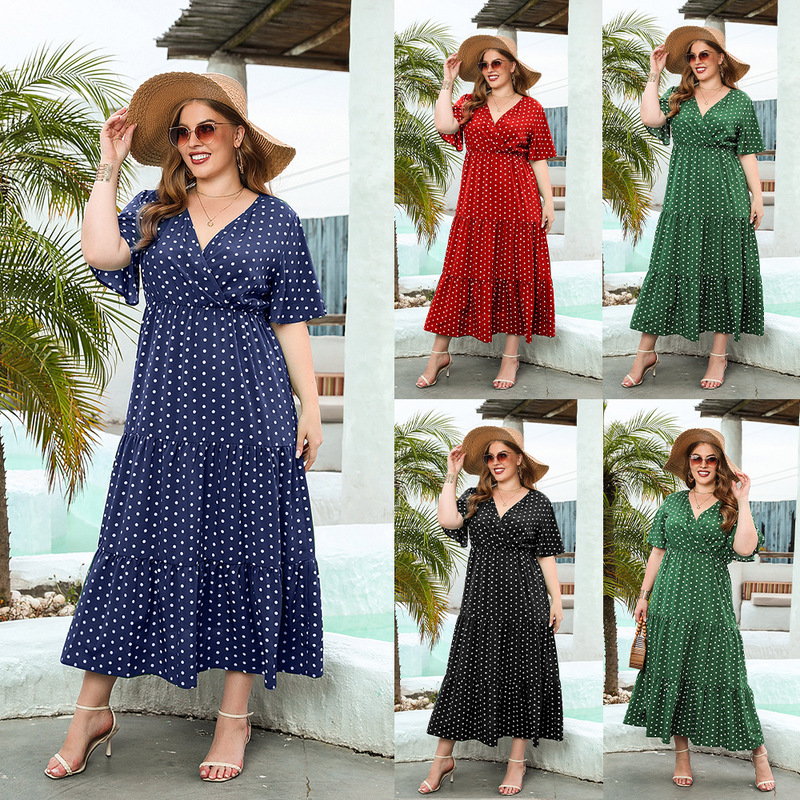 2025 Summer New plus size Women's plus size Wave Dot Casual Vacation dress V-Neck Elegant Large Swing Mid-Length Dress