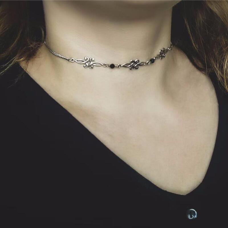 Cross-Border Export Silver Decorative Necklace with Black Glass Beads Filigree Necklace Retro Factory Direct Sale Cross-Border Export Silver Decorative Necklace with Black Glass Beads Filigree Necklace Retro Factory Direct Sale