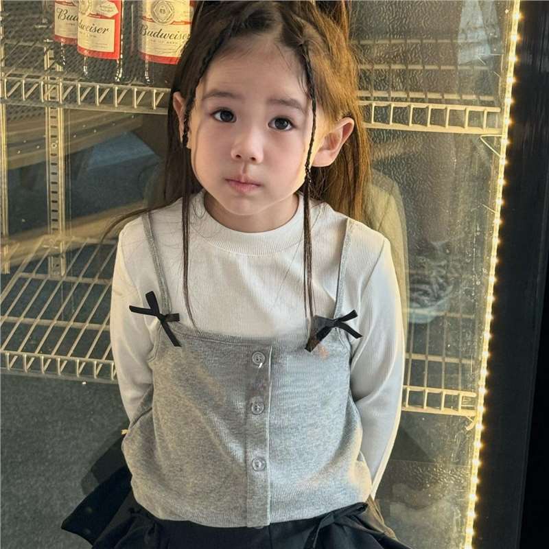 女童新款2025早春新款甜美蝴蝶結芭蕾風假兩件拼接T恤套裝百褶裙