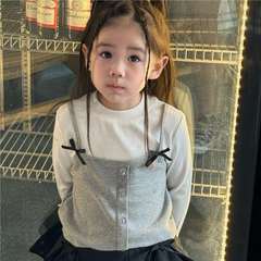 女童新款2025早春新款甜美蝴蝶結芭蕾風假兩件拼接T恤套裝百褶裙