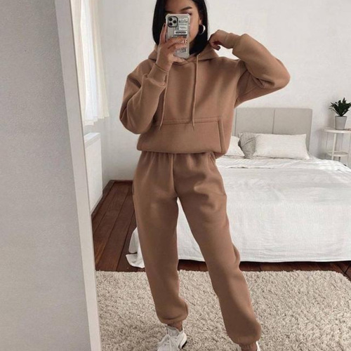 2024 Yama foreign trade European and American casual hooded long-sleeved pocket sweatshirt solid color sports suit two-piece set