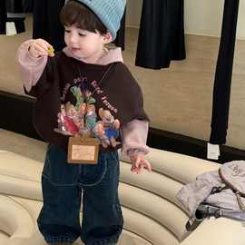 25秋冬款韩版男童小童七个小矮人套头加绒连帽卫衣男宝洋气牛仔裤