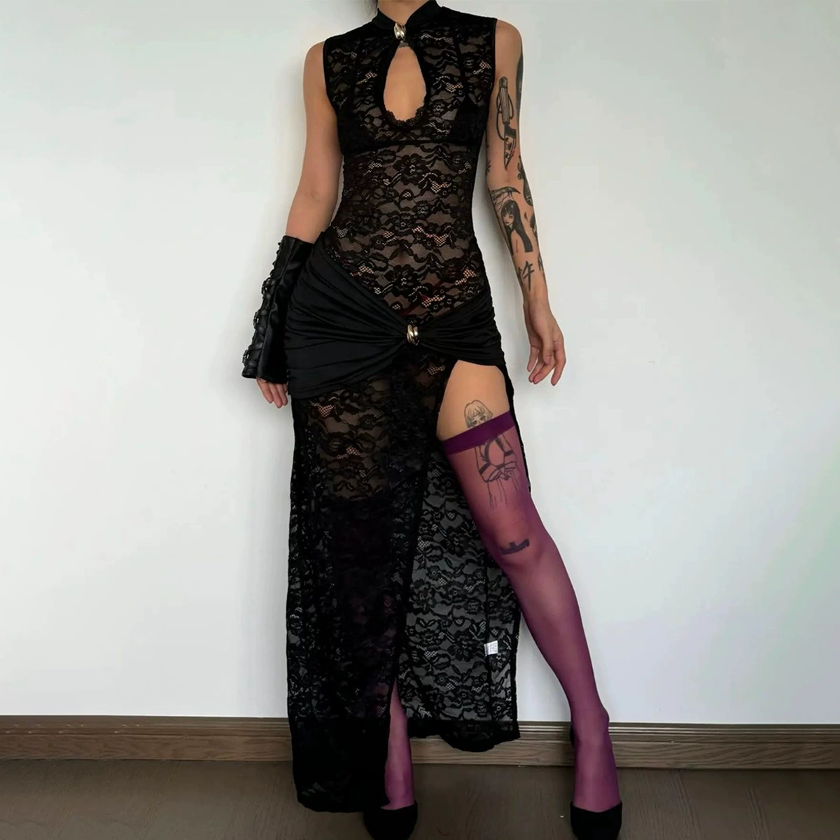 Сексуальное кружевное платье, с slim fit, Женское, 100% полиэстер, с рукавами или без, размеры S–XXL