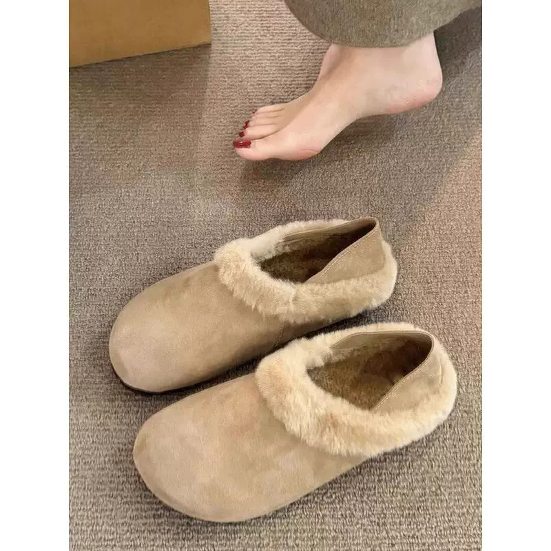 加绒勃肯鞋女踩跟两穿一脚蹬百搭棉鞋复古保暖平底鞋