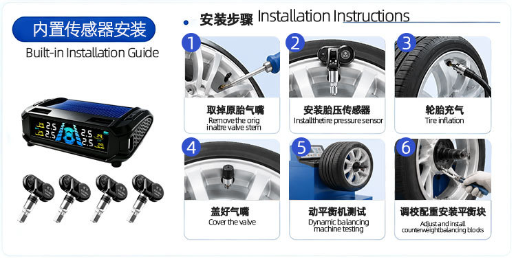 Solar-Powered True Tpms Tire Pressure Monitoring System with Built-In and External High-Precision Wireless Car Tire Pressure Sensors