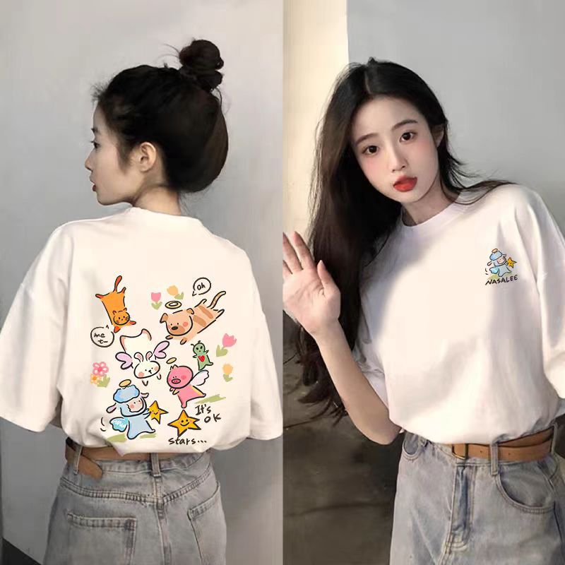 Pure Cotton White Round Neck Short-Sleeved T-Shirt for Women 2025 New Hot Style Summer Loose Cartoon Printed Top T-Shirt Ins