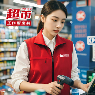 Supermarket Workwear Vest Custom Fruit Fresh Delivery Cashier Employee Zipper Pocket Red Work Vest