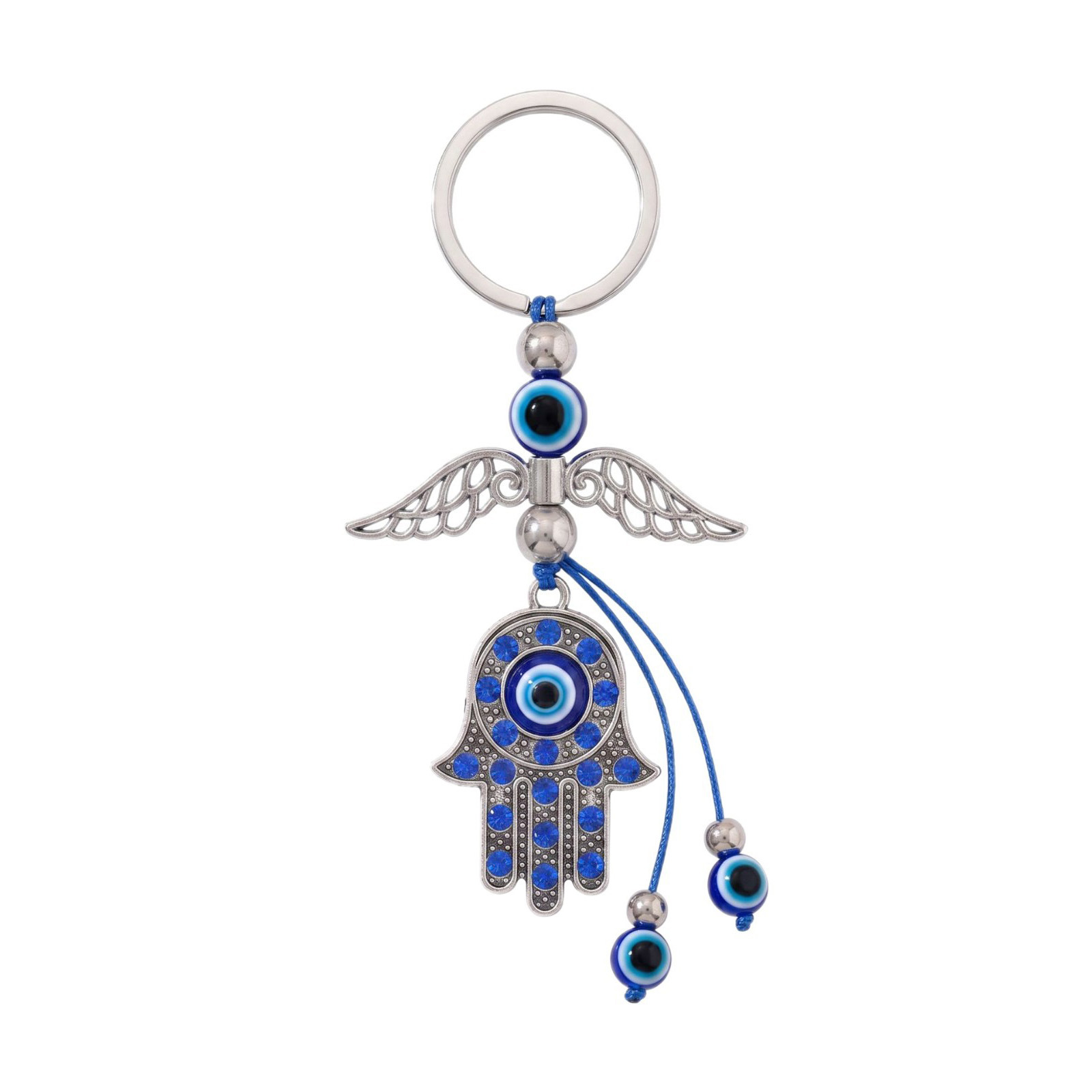 Retro diamante de mano de Fátima llavero de aleación alas de ángel malos ojos colgantes de pared