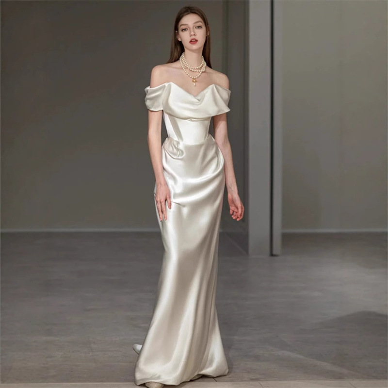 25 Spring and Summer Elegant Goddess One-character Collar Satin Waist Lengthened Texture Dress Dinner Dress