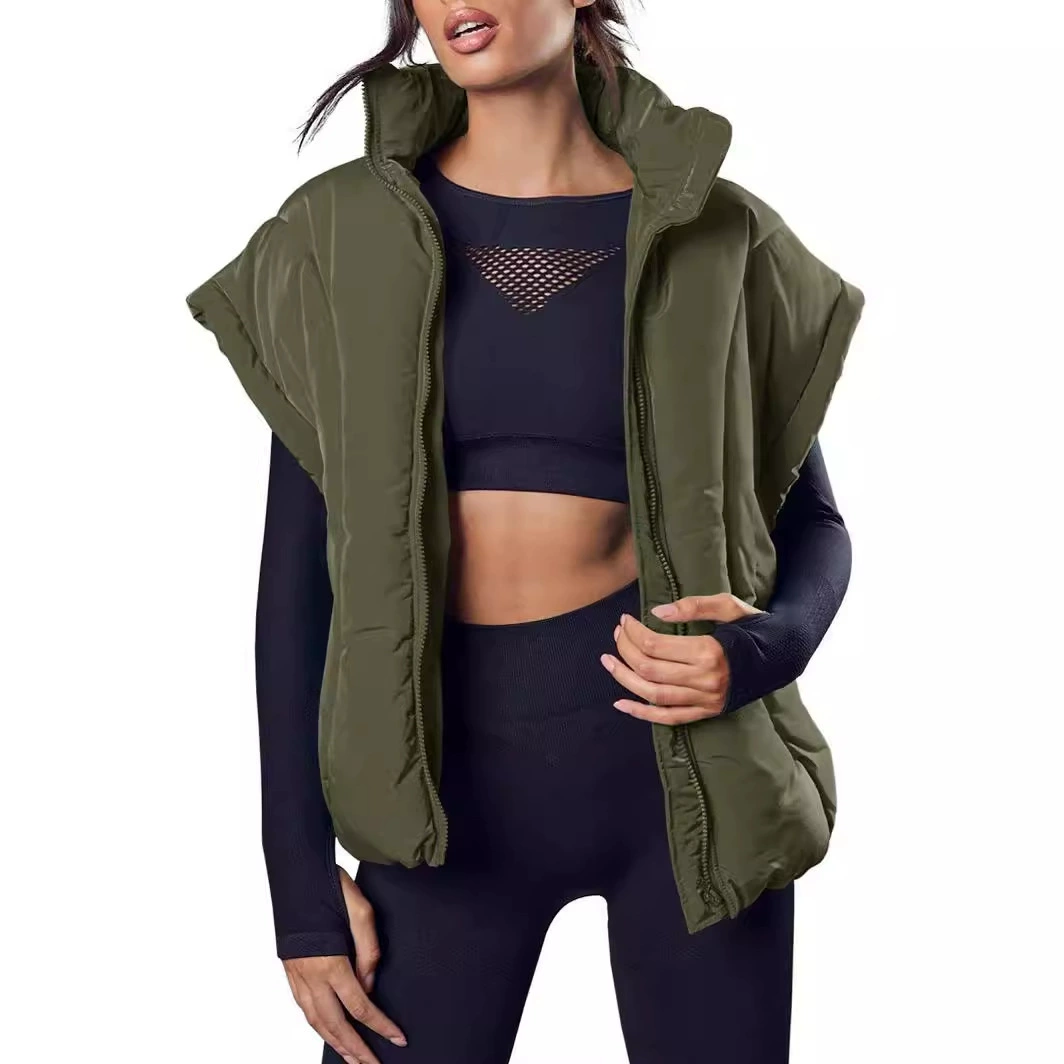 Трансграничная Европейская и американская осенне-зимняя новая женская одежда модная однотонная молния модный жилет с хлопковой подкладкой модное хлебное пальто с воротником-стойкой