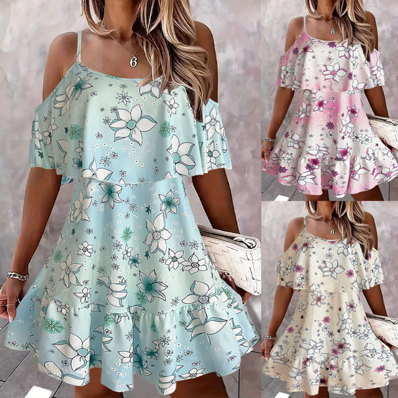 2026 Summer New European and American Style Bohemian Floral Print Elegant Cold-Shoulder Ruched Strap Dress for Women