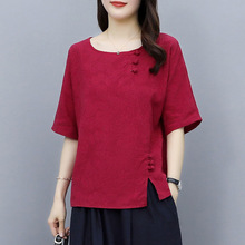 棉麻女装T恤短袖2024新款夏季韩版大码宽松显瘦休闲盘扣麻料上衣