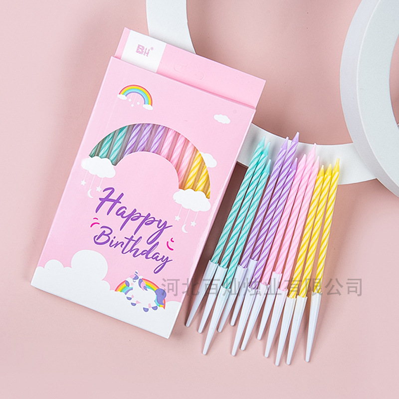 Vela de cumpleaños estilo ins al por mayor Espiral de cristal de color delgado 12 velas de fiesta en caja para decoración de pasteles